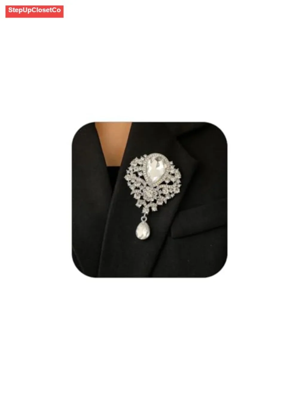 Vintage Floral Filigree Brooch with Teardrop Crystal Dangle, Baroque Statement